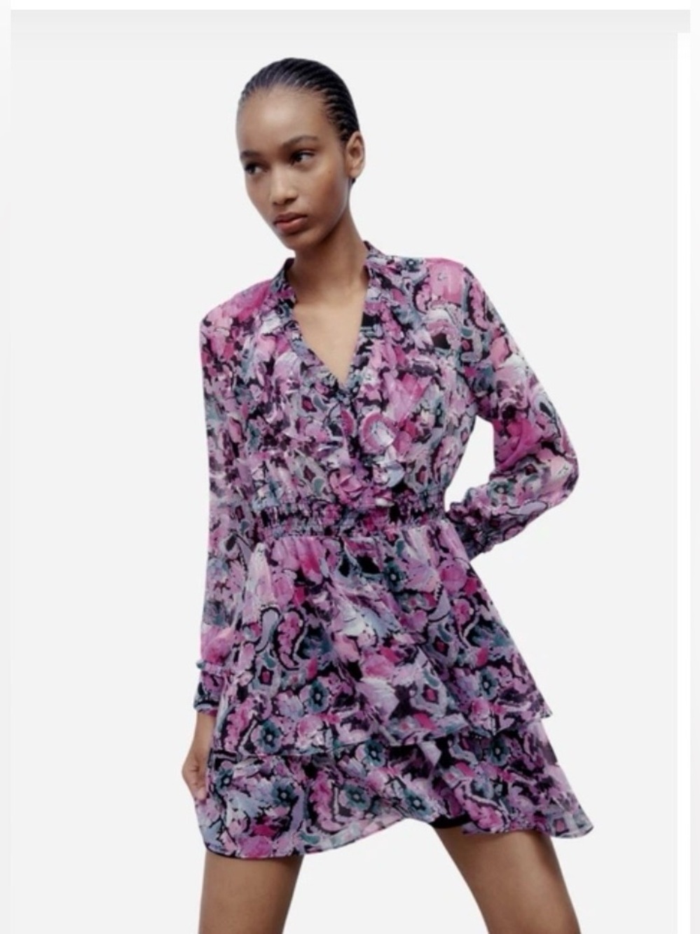 Zara Pink & Black Floral Long-Sleeve Ruffled Dress